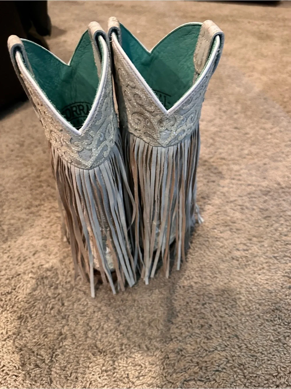 Corral white Embroidered Fringe Kids Western Boots with Teal Lining